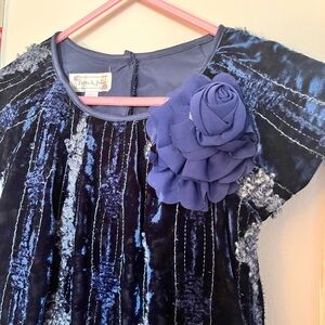 Pippa & Julie Elegant Navy Blue Velvet Girls Dress 4T Floral Embroidery